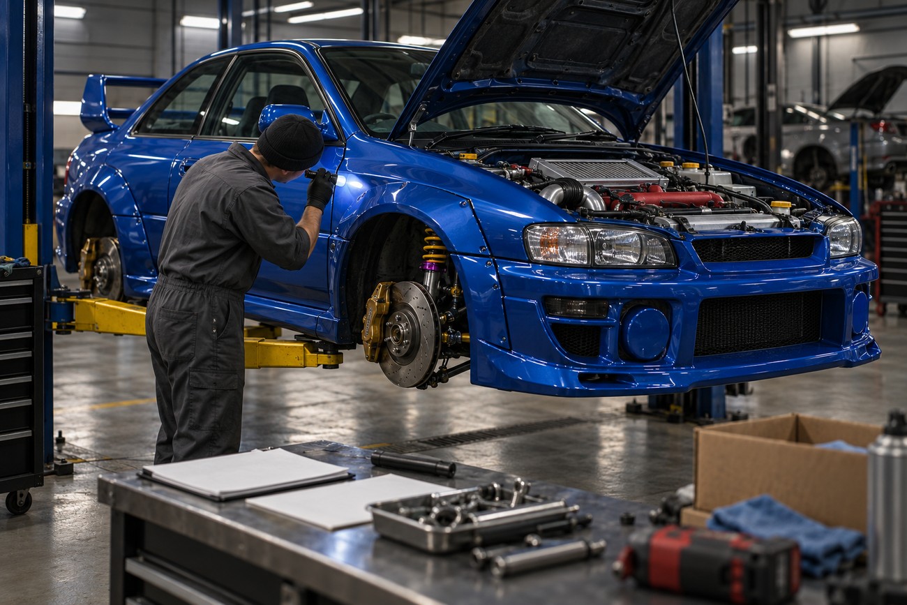 Mechanic with flashlight inspecting the front fender and suspension of a blue Subaru Impreza 22B lifted on a hoist in a garage