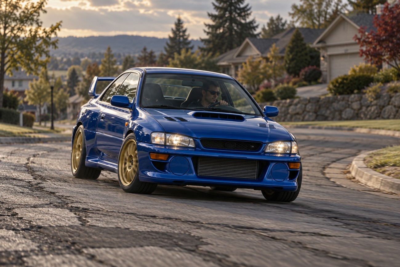 A blue Subaru Impreza 22B with gold wheels driving along a winding suburban street during late afternoon