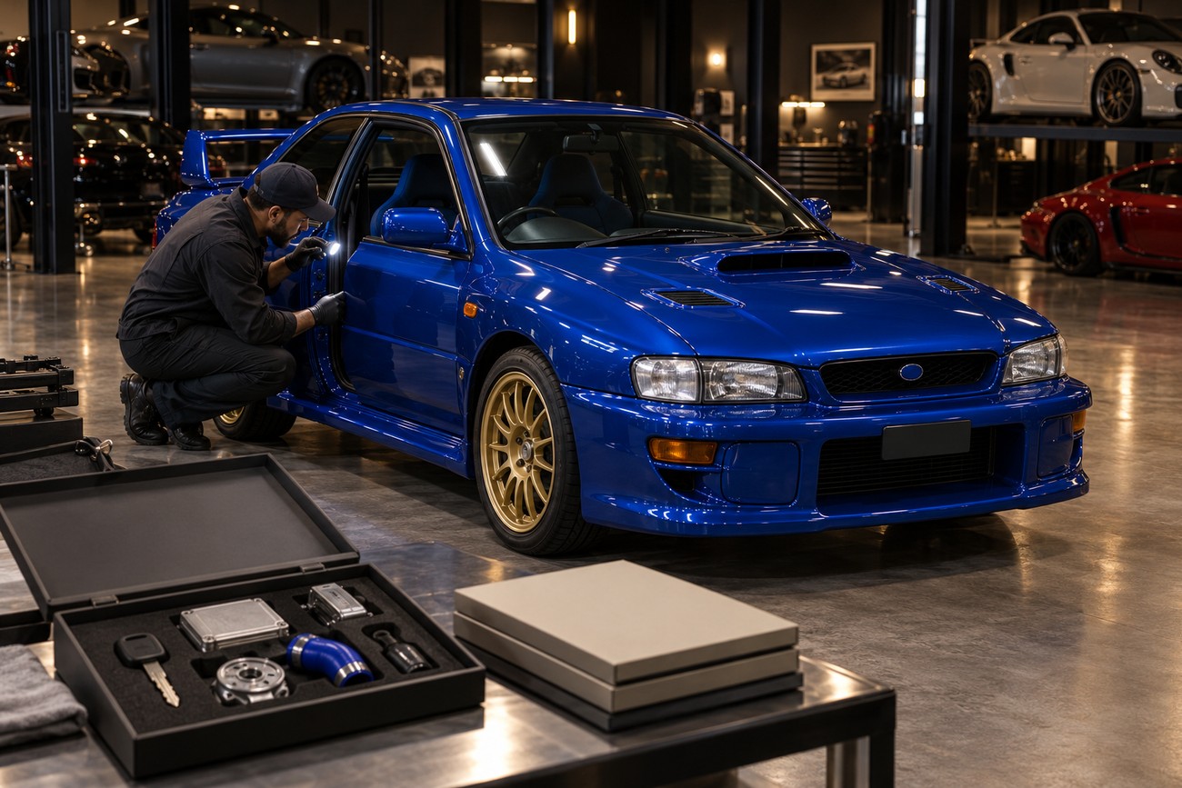 A mechanic inspecting the door of a classic blue Subaru Impreza 22B in a garage with car parts on a table