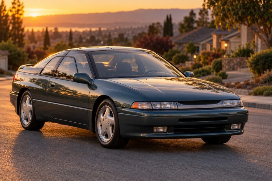 Dark green Subaru SVX grand tourer coupe parked on a suburban street during sunset