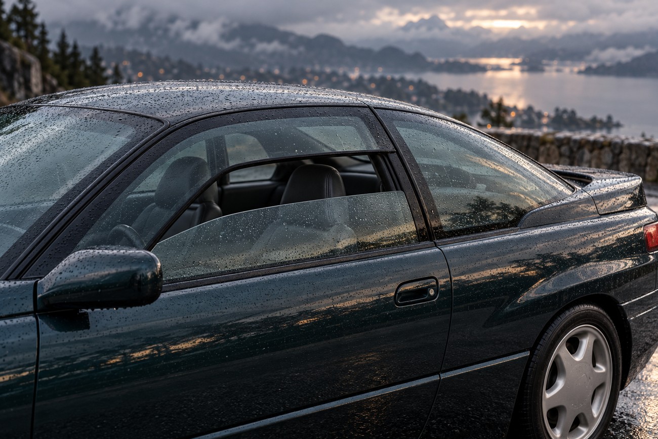 Side profile of a dark green Subaru SVX grand tourer showing its unique window-in-window design covered in raindrops against a scenic landscape background