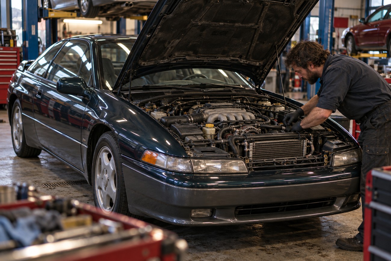 A mechanic wearing gloves inspects the open engine bay of a dark green Subaru SVX inside a professional auto repair shop
