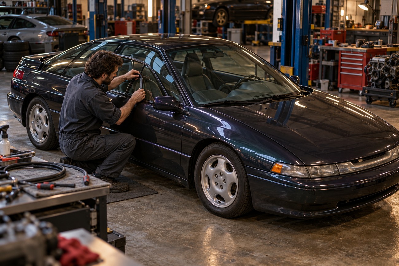 Mechanic crouching next to a dark blue Subaru SVX grand tourer and checking its signature window design in an auto repair garage