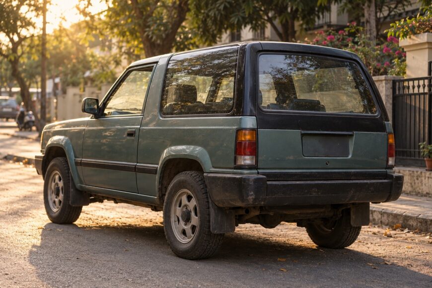 Classic green Tata Sierra three-door SUV parked on a sunny residential street showing its alpine windows