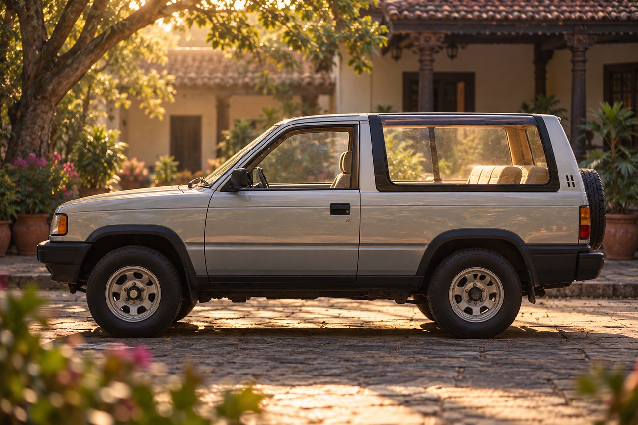 Side profile of a silver Tata Sierra three-door SUV parked on a paved courtyard during sunset