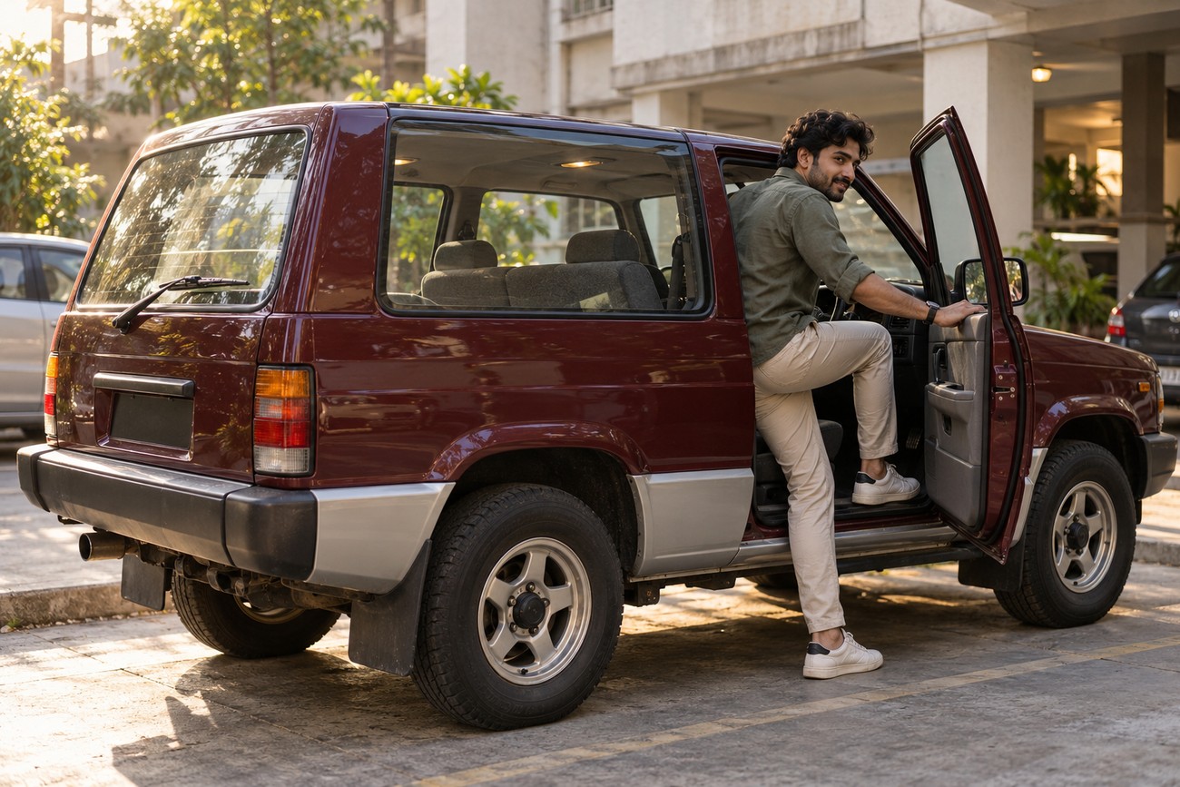 A man stepping into a maroon Tata Sierra three-door SUV parked outdoors with prominent alpine windows visible on the side