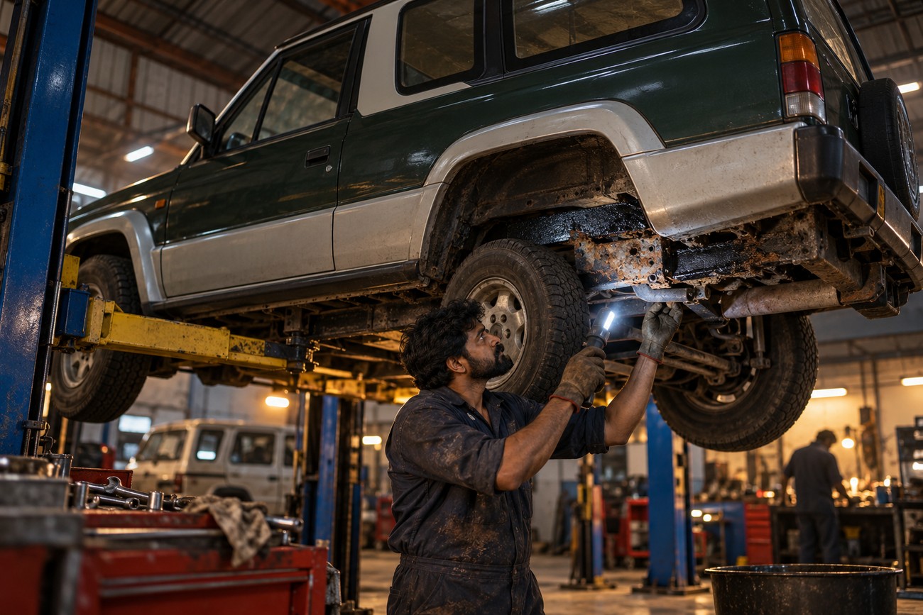 A mechanic in overalls inspects the rusted undercarriage of a classic green Tata Sierra SUV lifted on a hydraulic hoist in a workshop