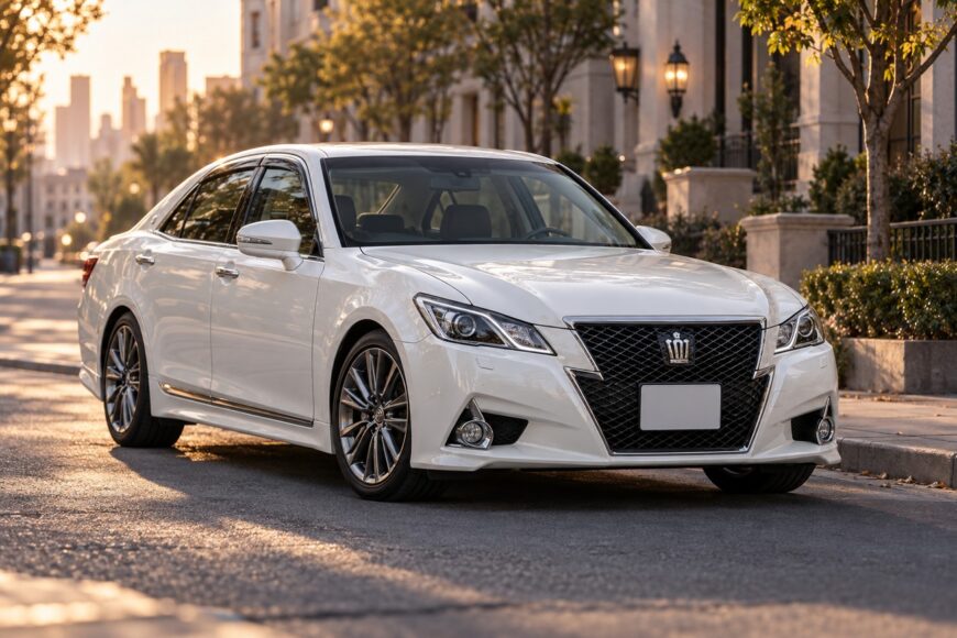 A white Toyota Crown Athlete sedan parked on a city street during the sunset with urban buildings in the background