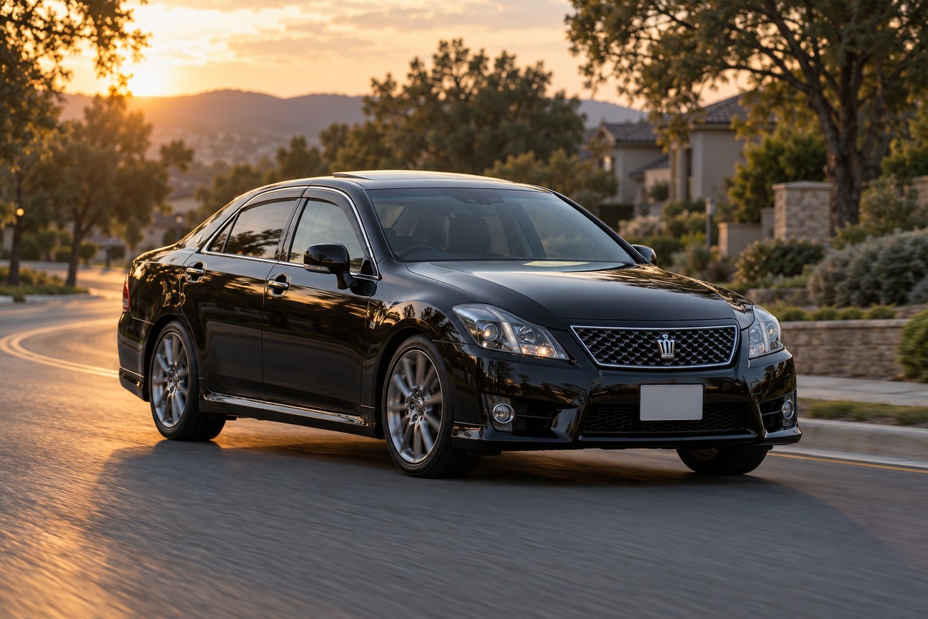 Black Toyota Crown Athlete sedan driving on a suburban road during sunset with motion blur on the wheels
