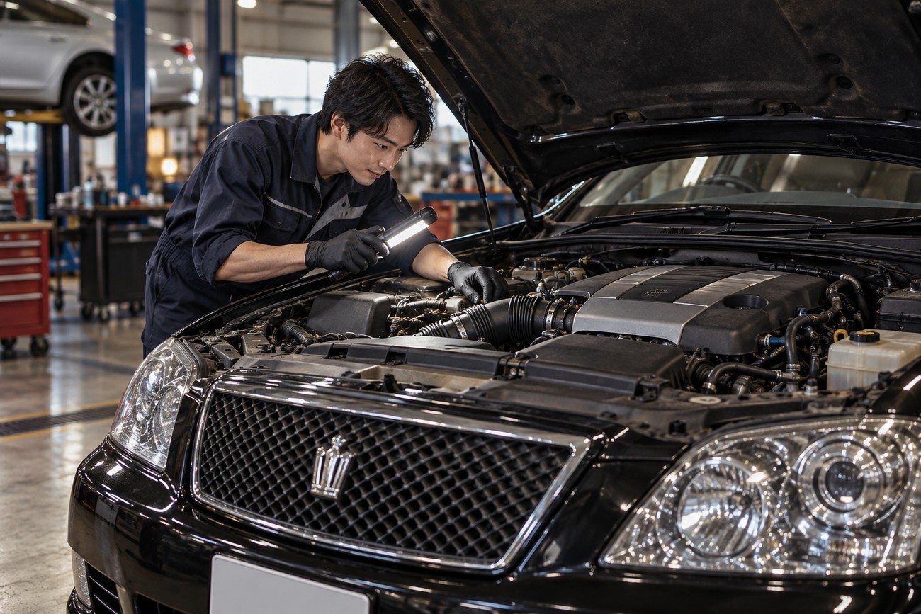 Asian mechanic in a dark uniform inspecting the engine bay of a black Toyota Crown Athlete with a flashlight in a service center