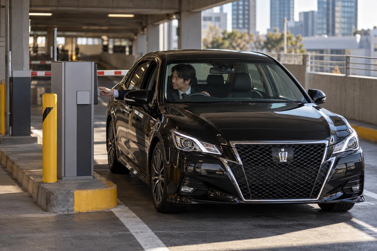 A driver in a black Toyota Crown Athlete sedan reaching for a ticket at a parking garage entrance barrier