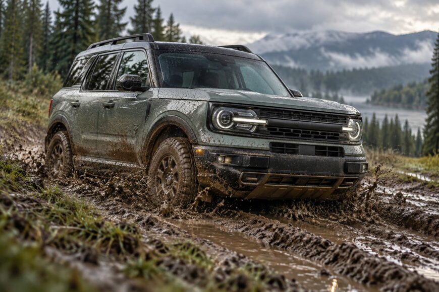 A green Ford Bronco Sport drives through a deep mud pit, kicking up mud and water with its tires on a wet off-road trail surrounded by pine trees and mountains