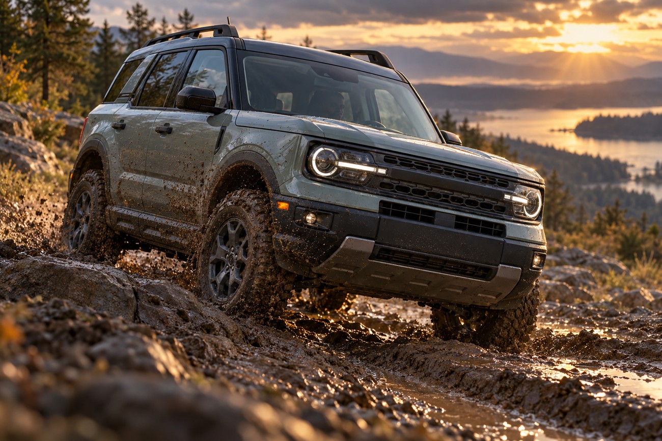A light green Ford Bronco Sport navigating through a muddy and rocky off-road trail during sunset with water in the background