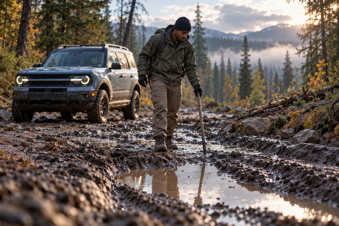 A man in outdoor clothing stands on a muddy trail testing the depth with a stick near a parked Ford Bronco Sport