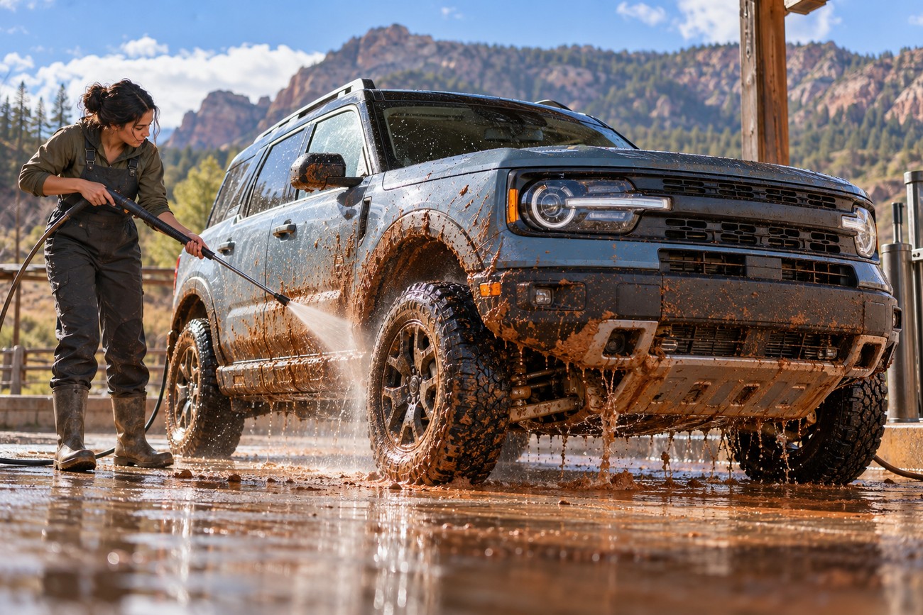 A woman in overalls uses a pressure washer to clean thick mud off a gray Ford Bronco Sport parked outdoors