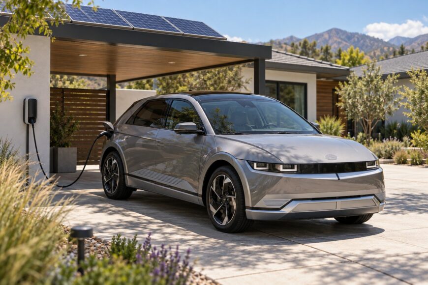 Silver Hyundai Ioniq 5 electric vehicle parked in a modern driveway while plugged into a home charger under a solar panel canopy