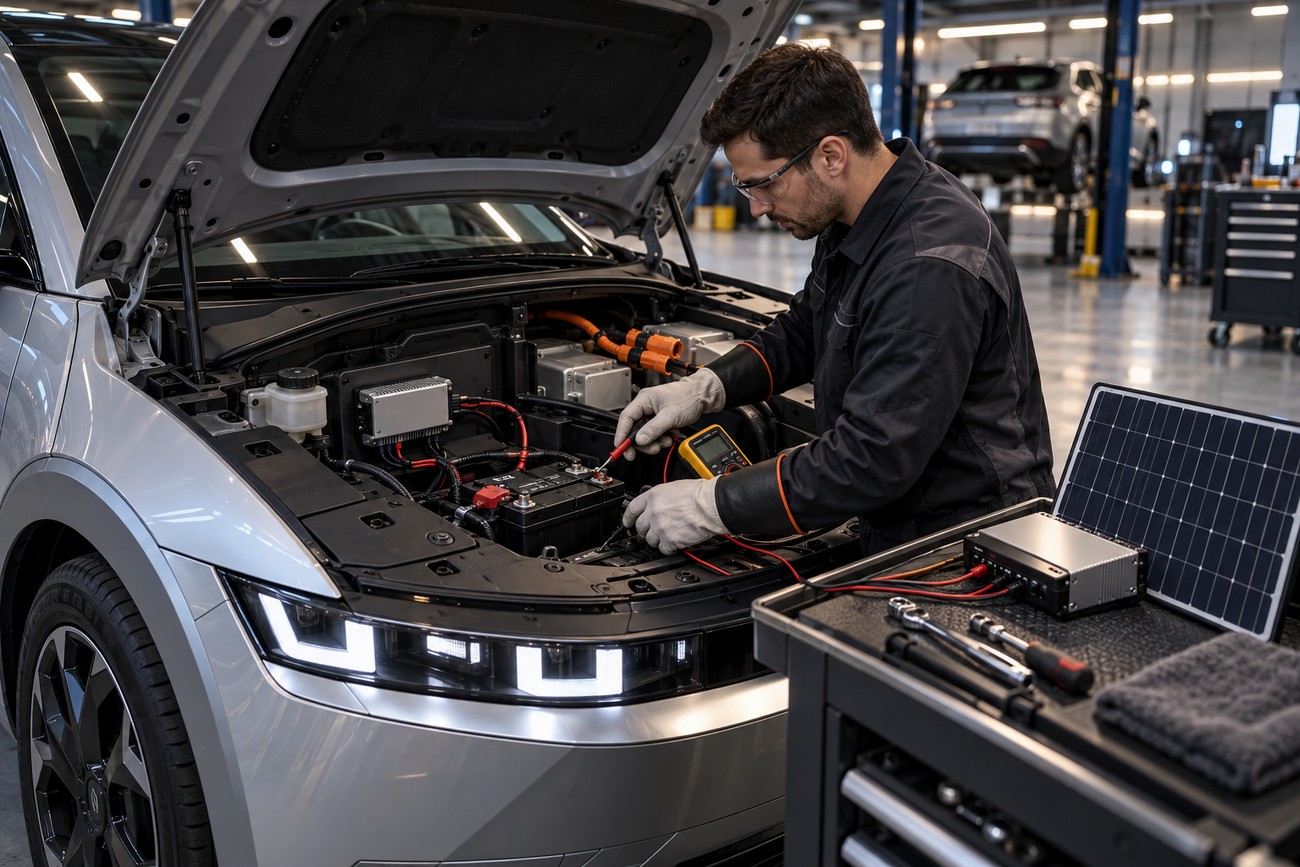 A mechanic wearing safety glasses checks the battery of a Hyundai Ioniq 5 electric vehicle in a garage with a portable solar panel on a cart nearby