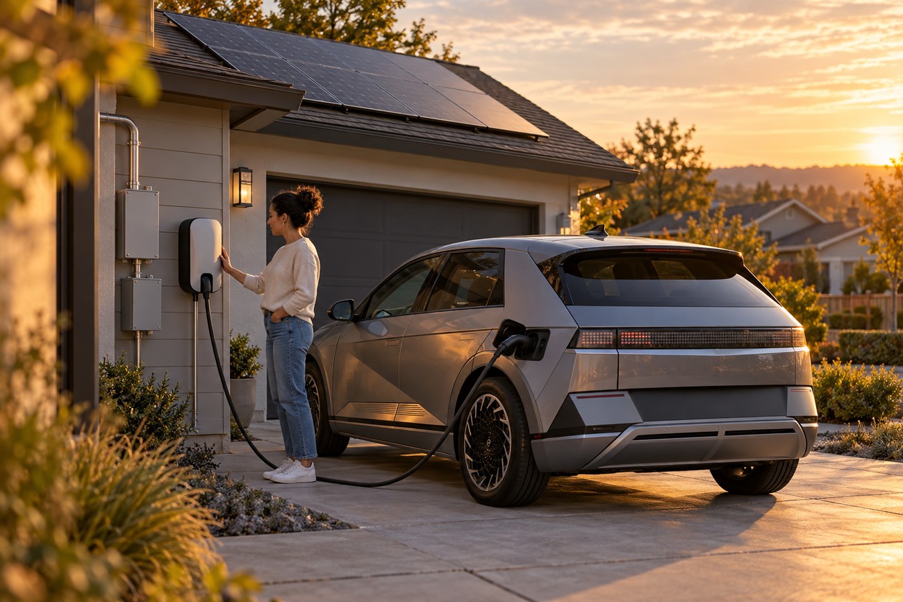 A woman plugging in a silver Hyundai Ioniq 5 electric car to a home wall charger connected to rooftop solar panels