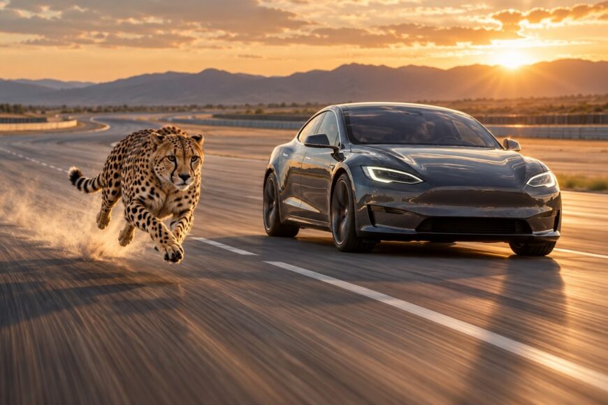 A fast cheetah sprinting next to a dark Tesla Model S on a race track at sunset