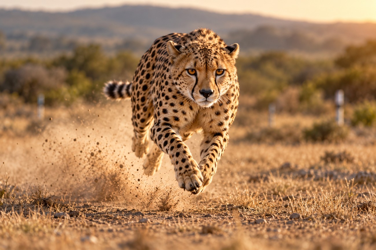 A spotted cheetah sprinting at high speed across the dusty savanna grass during a fast run