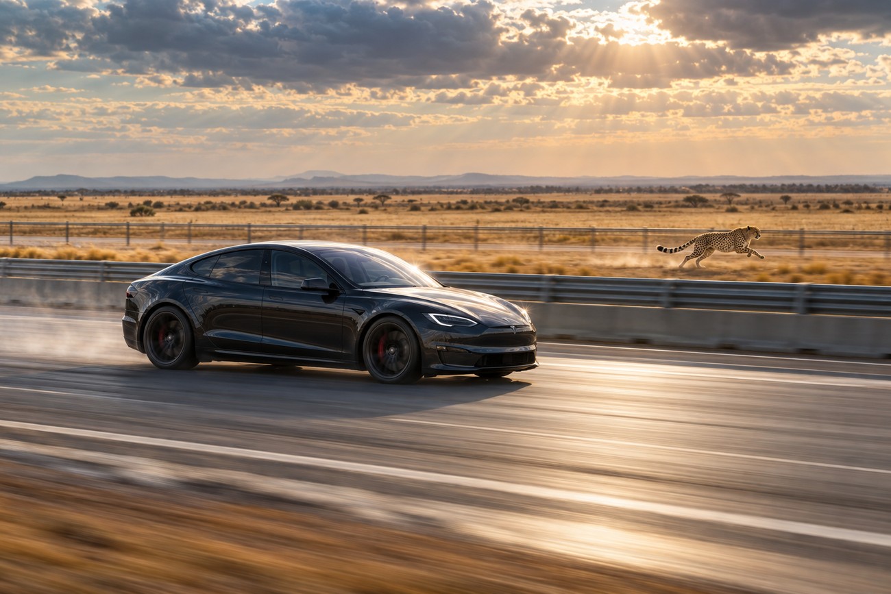 A black Tesla Model S accelerating on a highway alongside a running cheetah under a dramatic sunset sky