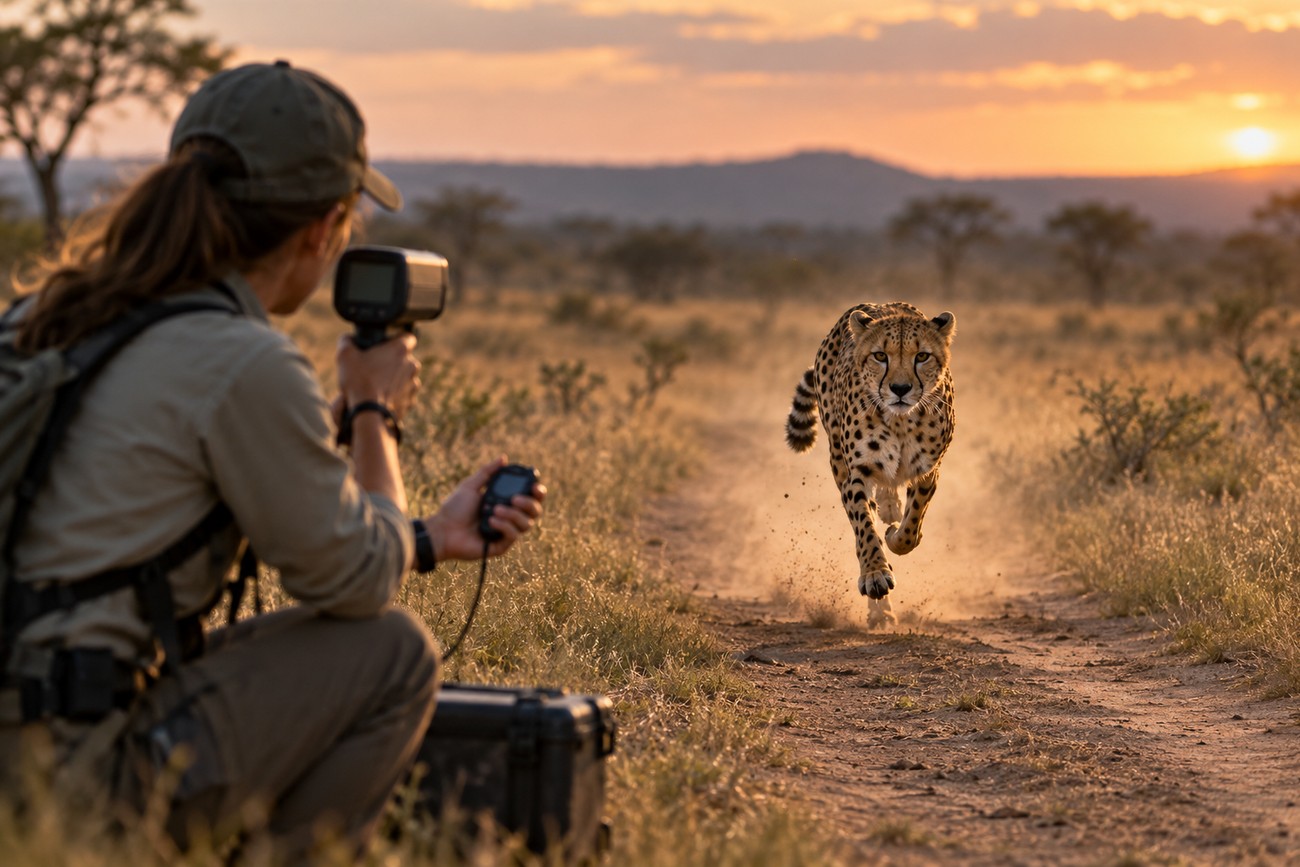 A researcher with a speed gun measures a cheetah running fast across a dirt path in the savannah at sunset