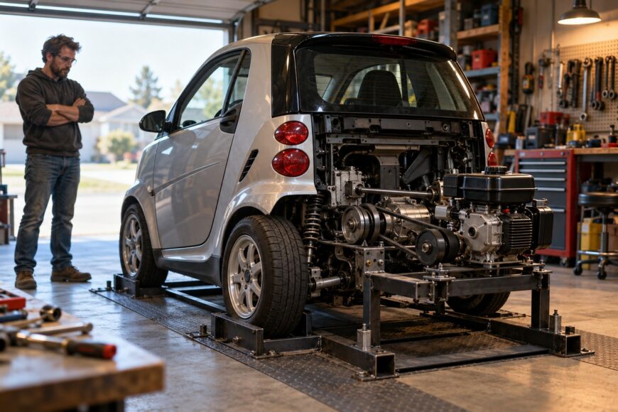 A mechanic standing in a garage looking at a silver Smart Fortwo with an exposed lawn mower engine mounted in the back