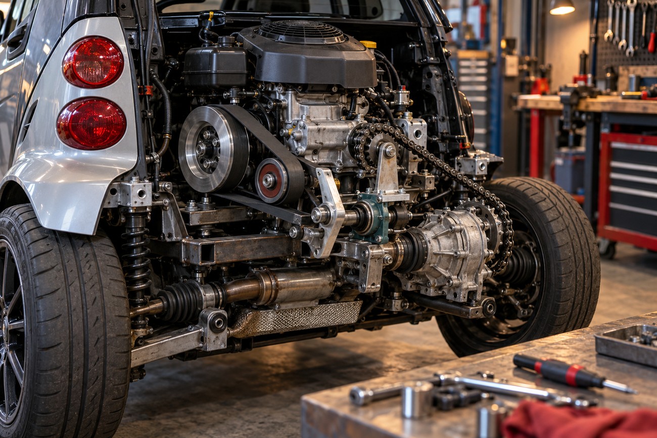 Rear view of a Smart Fortwo with its body panel removed to show a custom-installed lawn mower engine connected with belts and chains in a garage