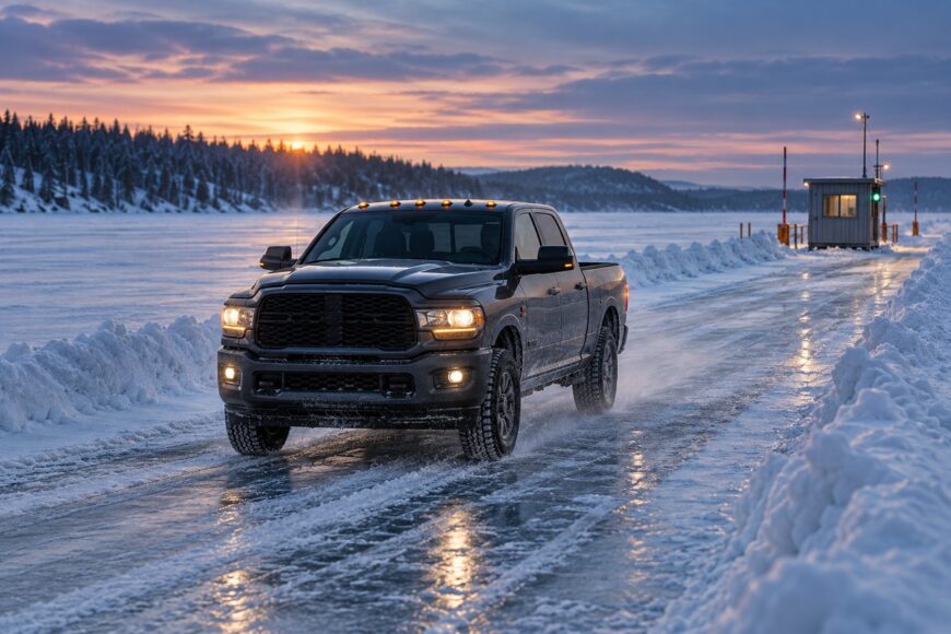 A dark Ram 2500 truck driving on a snow-covered ice road near a small checkpoint cabin at sunset