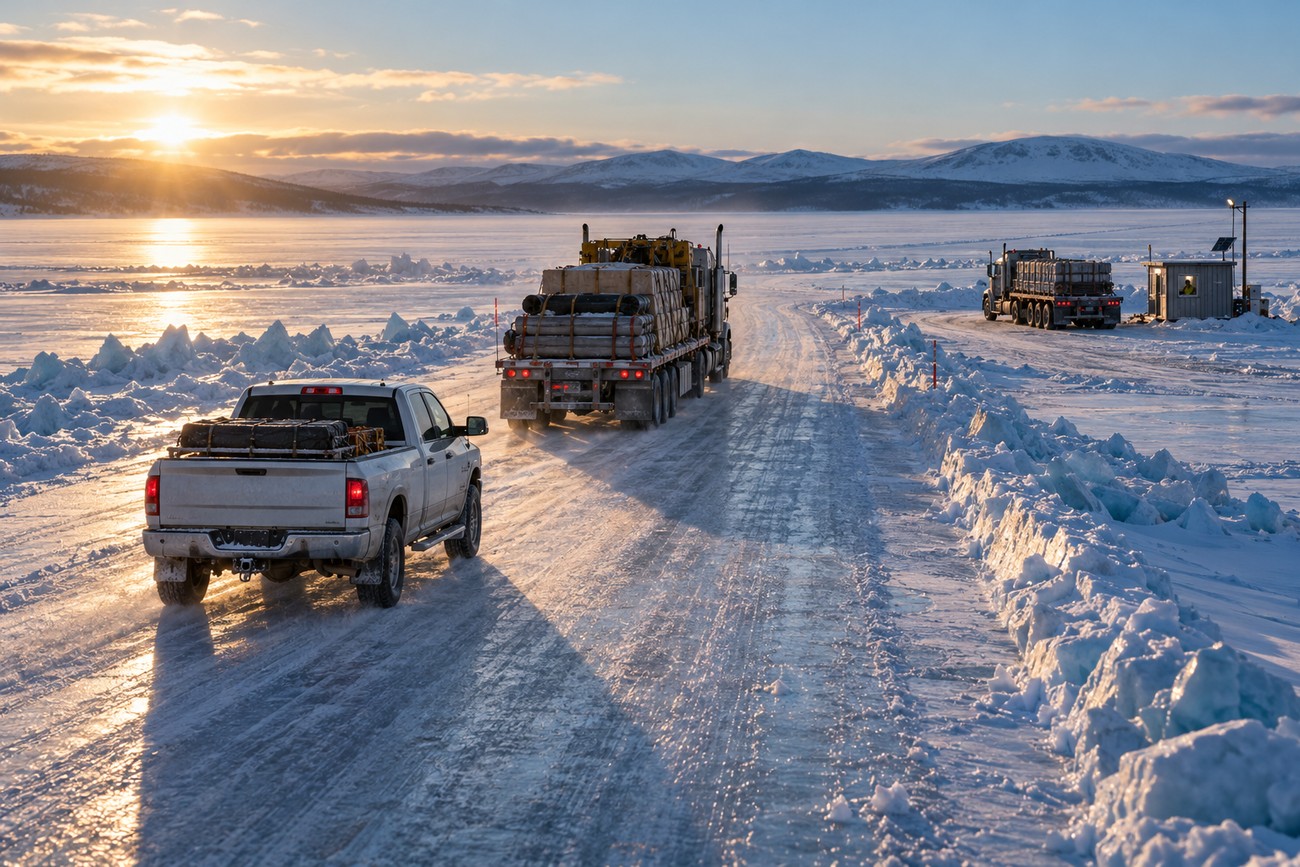 A white Ram 2500 pickup truck traveling on a snowy ice road in Canada during sunset