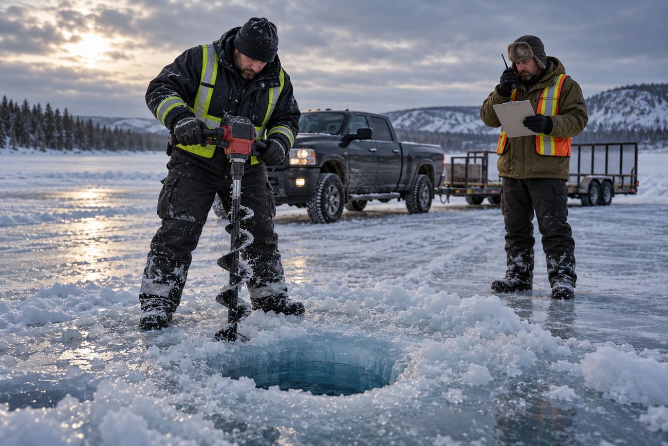 A worker uses an ice auger to drill into a frozen Canadian lake while another worker holds a clipboard and radio near a parked Ram 2500 truck