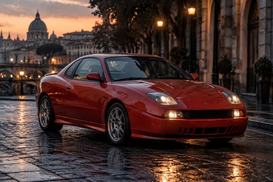Red Fiat Coupe 20V Turbo parked on a wet cobblestone street in Rome during sunset