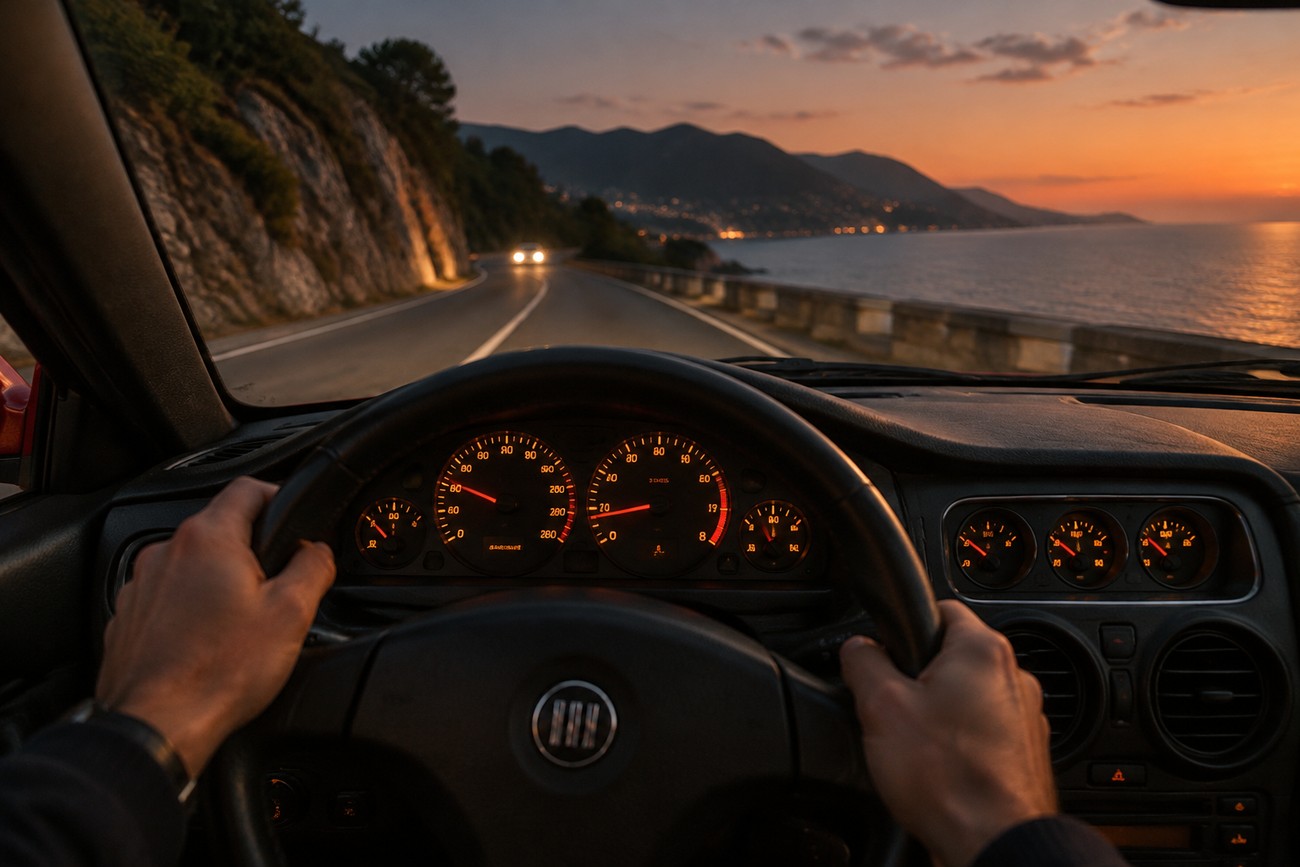 Driver holding the steering wheel of a Fiat Coupe 20V Turbo while driving along a coastal mountain road at sunset