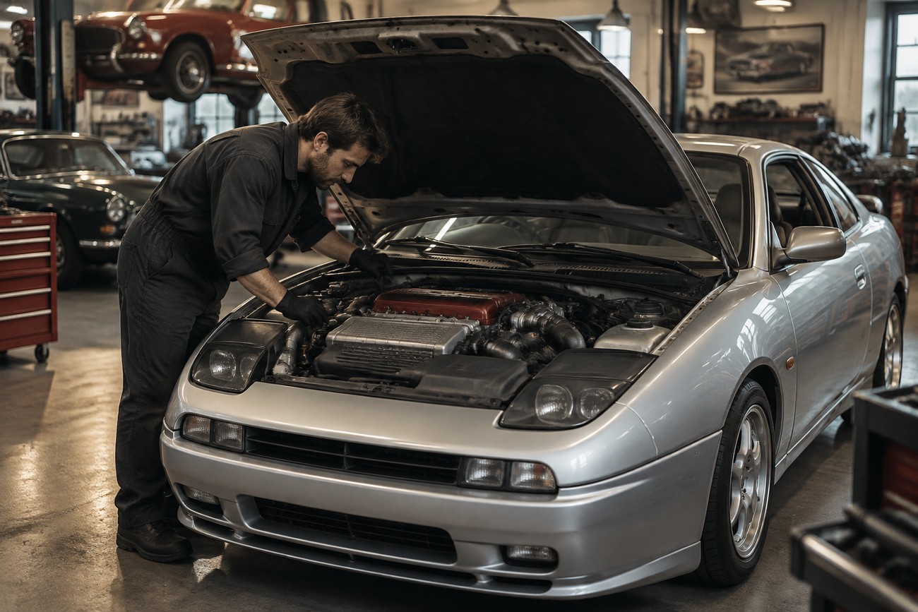 A mechanic in black overalls inspecting the five-cylinder turbocharged engine of a silver Fiat Coupe 20V Turbo inside a vintage garage