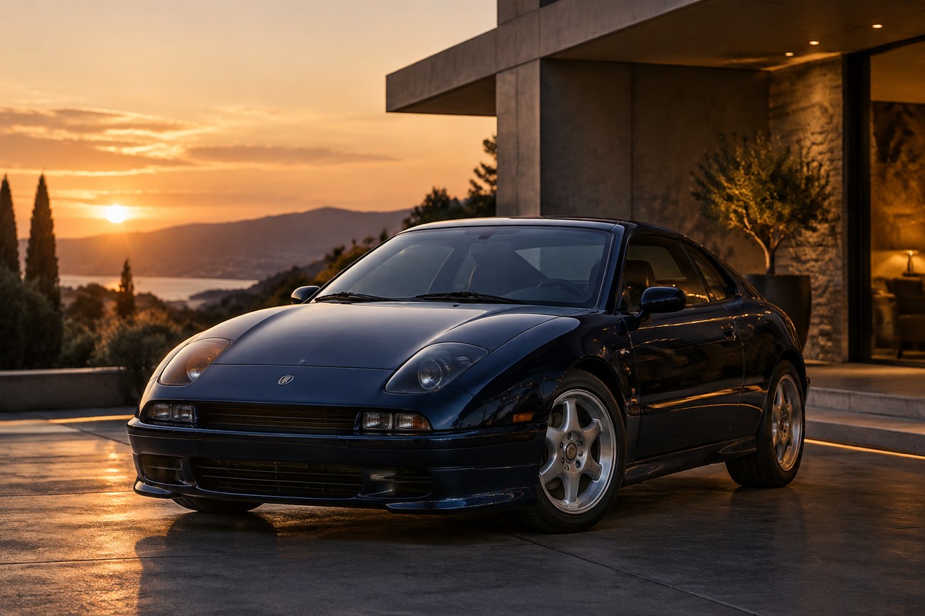 Dark blue Fiat Coupe 20V Turbo parked on a paved driveway during a golden sunset