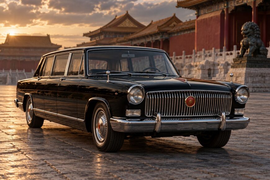 Classic black Hongqi CA770 limousine parked on a paved square near traditional Chinese imperial buildings at sunset