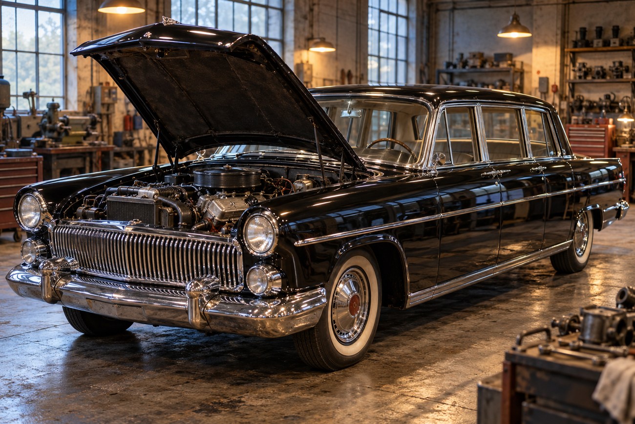Black vintage Hongqi CA770 luxury limousine with an open hood parked inside an industrial workshop with large windows