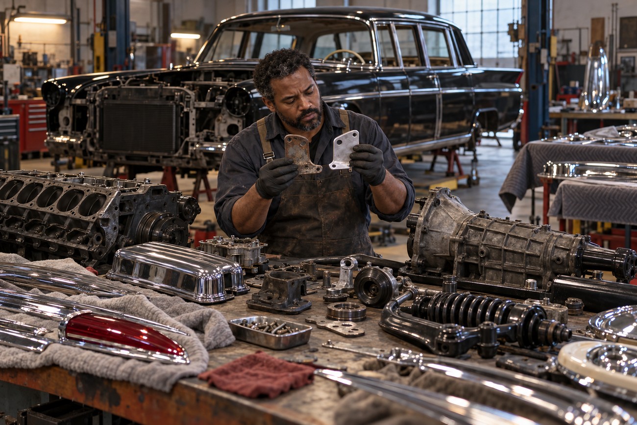 A mechanic holding metal parts in a workshop with disassembled Hongqi CA770 components and engine parts on the workbench