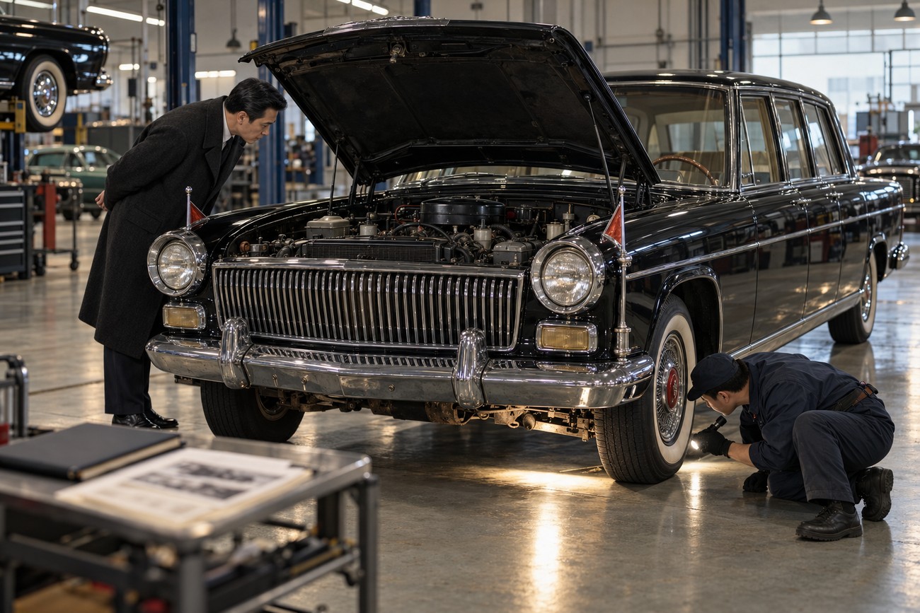 A mechanic inspects the tire of a classic black Hongqi CA770 limousine with an open hood in a bright garage workshop