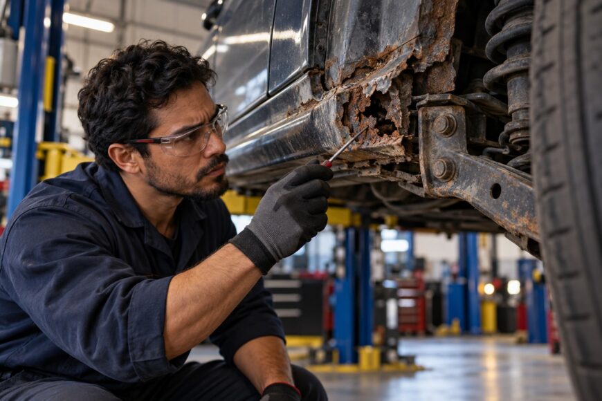 Mechanic wearing safety glasses and gloves inspecting a large rust hole on a car rocker panel in a garage