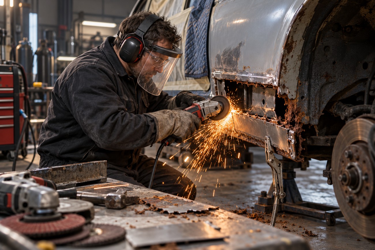 Mechanic wearing a protective face shield and earmuffs uses an angle grinder to remove rust from a car body panel in a workshop