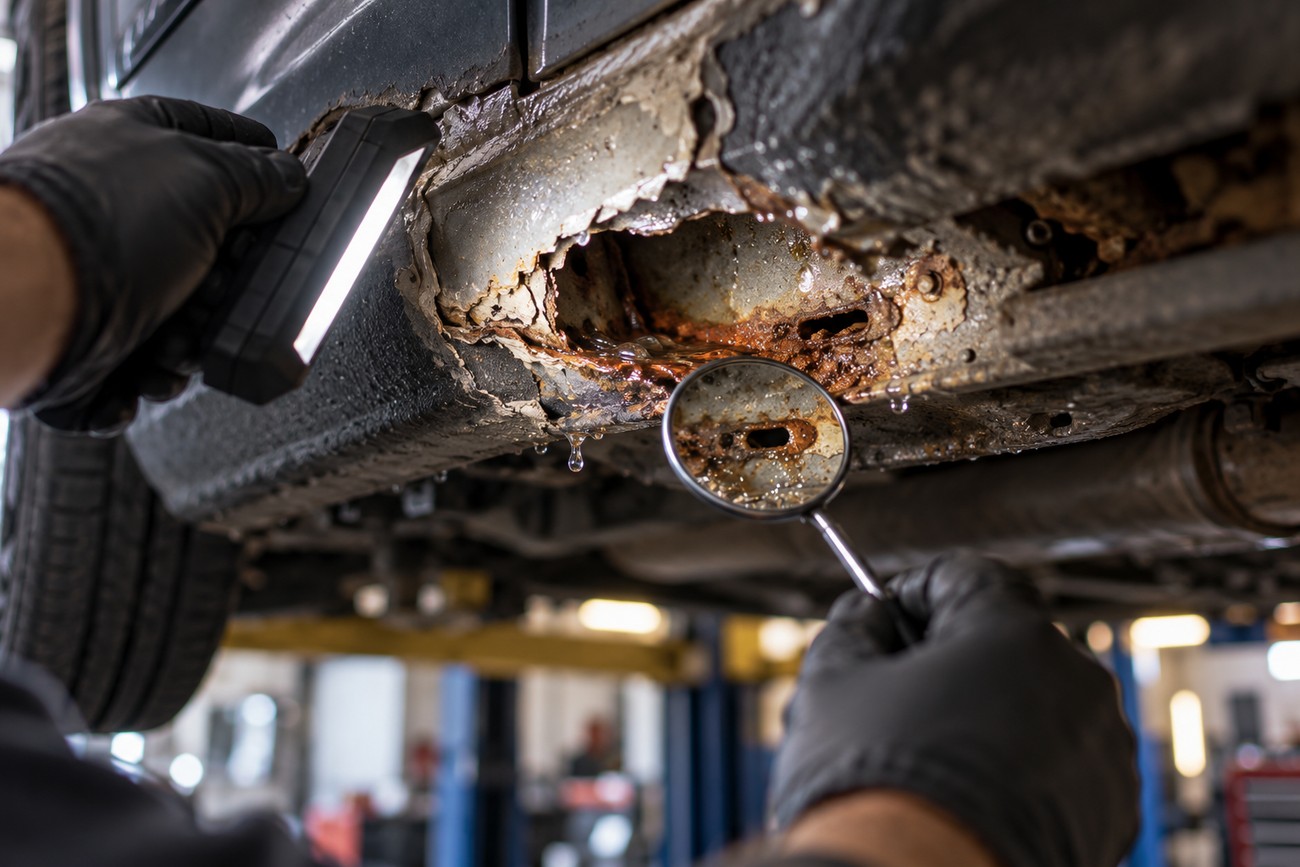 Mechanic wearing black gloves inspects a severe rust hole and corrosion on a car rocker panel using a flashlight and inspection mirror