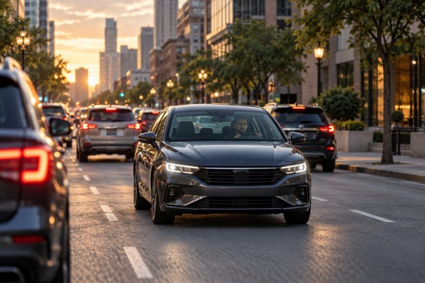 A focused male driver behind the wheel of a dark sedan driving in heavy urban traffic during sunset
