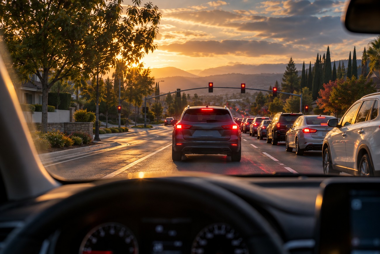 Driver view from behind the steering wheel dashboard looking at a line of cars stopped at a red traffic light during sunset