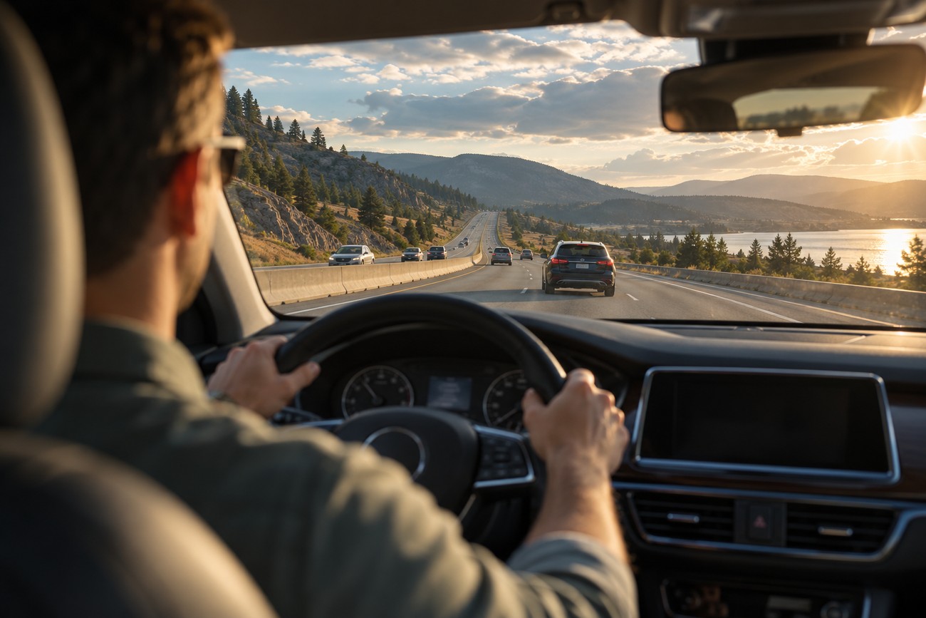 A man driving a car on a scenic highway along a lake during sunset