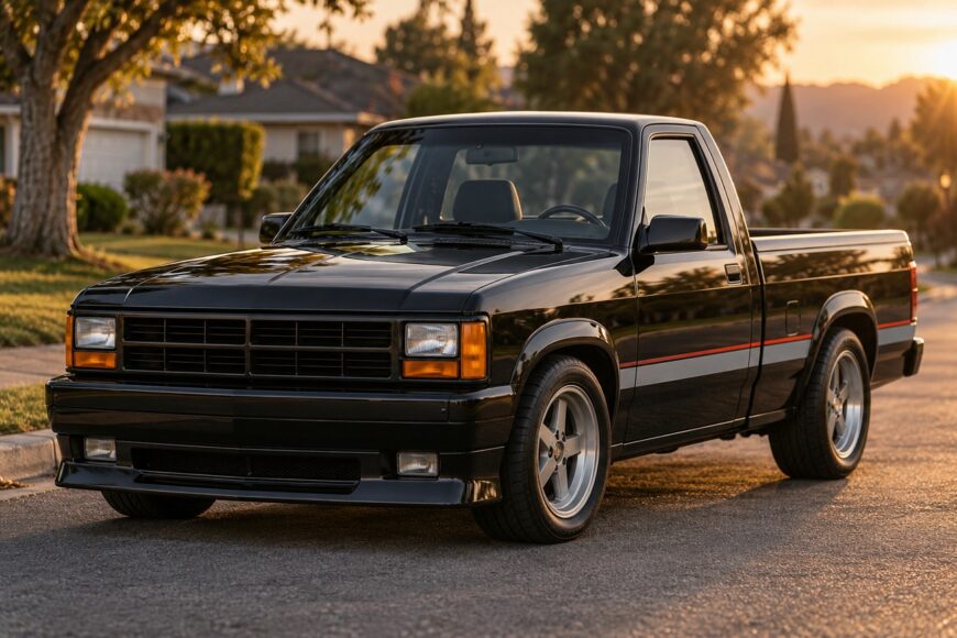 A black Shelby Dakota V8 pickup truck parked on a suburban street at sunset