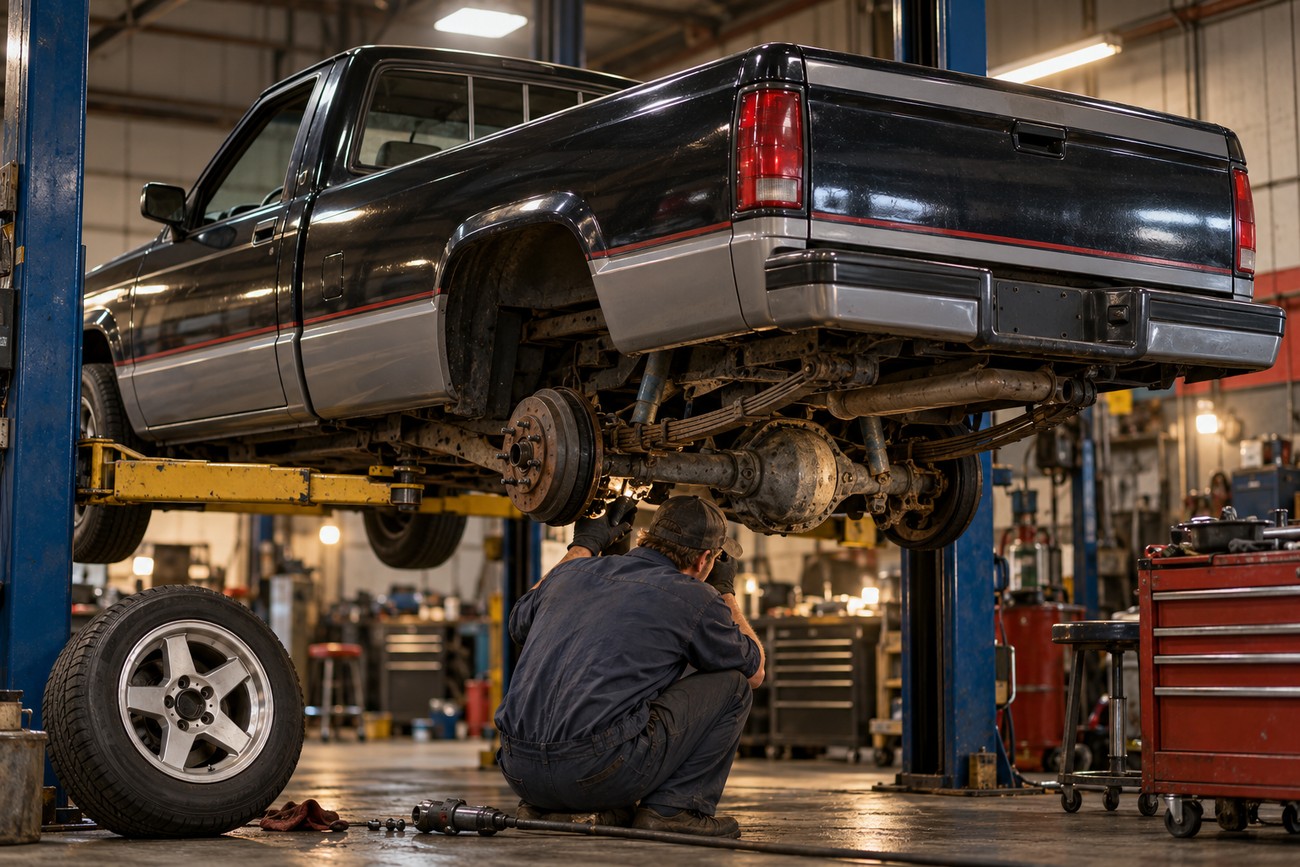 A mechanic working on the undercarriage of a black Shelby Dakota pickup truck lifted on a hydraulic hoist in a repair shop