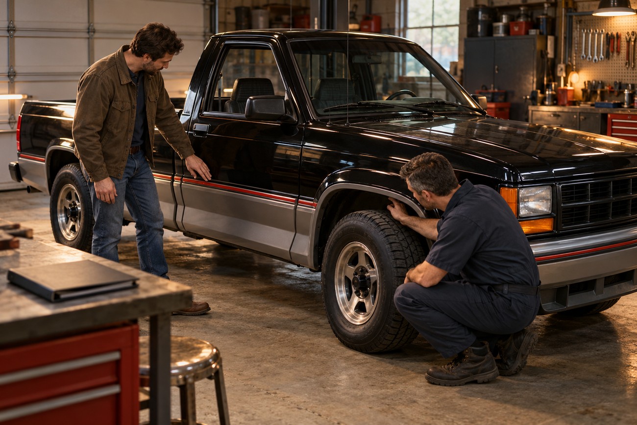 A mechanic inspecting the front wheel of a black Shelby Dakota V8 pickup while a man stands beside the truck in a garage