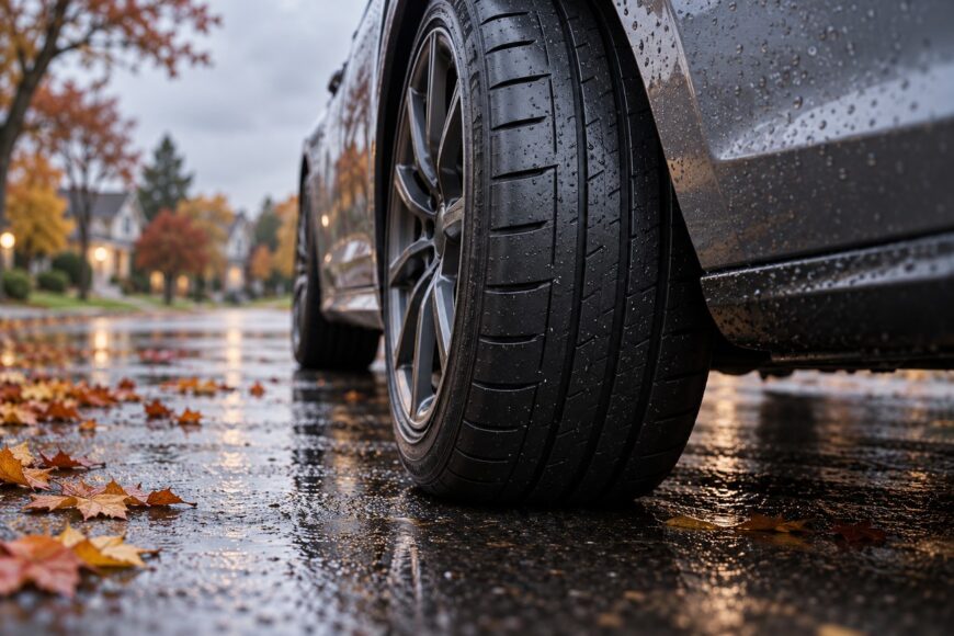 Close-up of a car summer performance tire parked on a wet asphalt road with autumn leaves