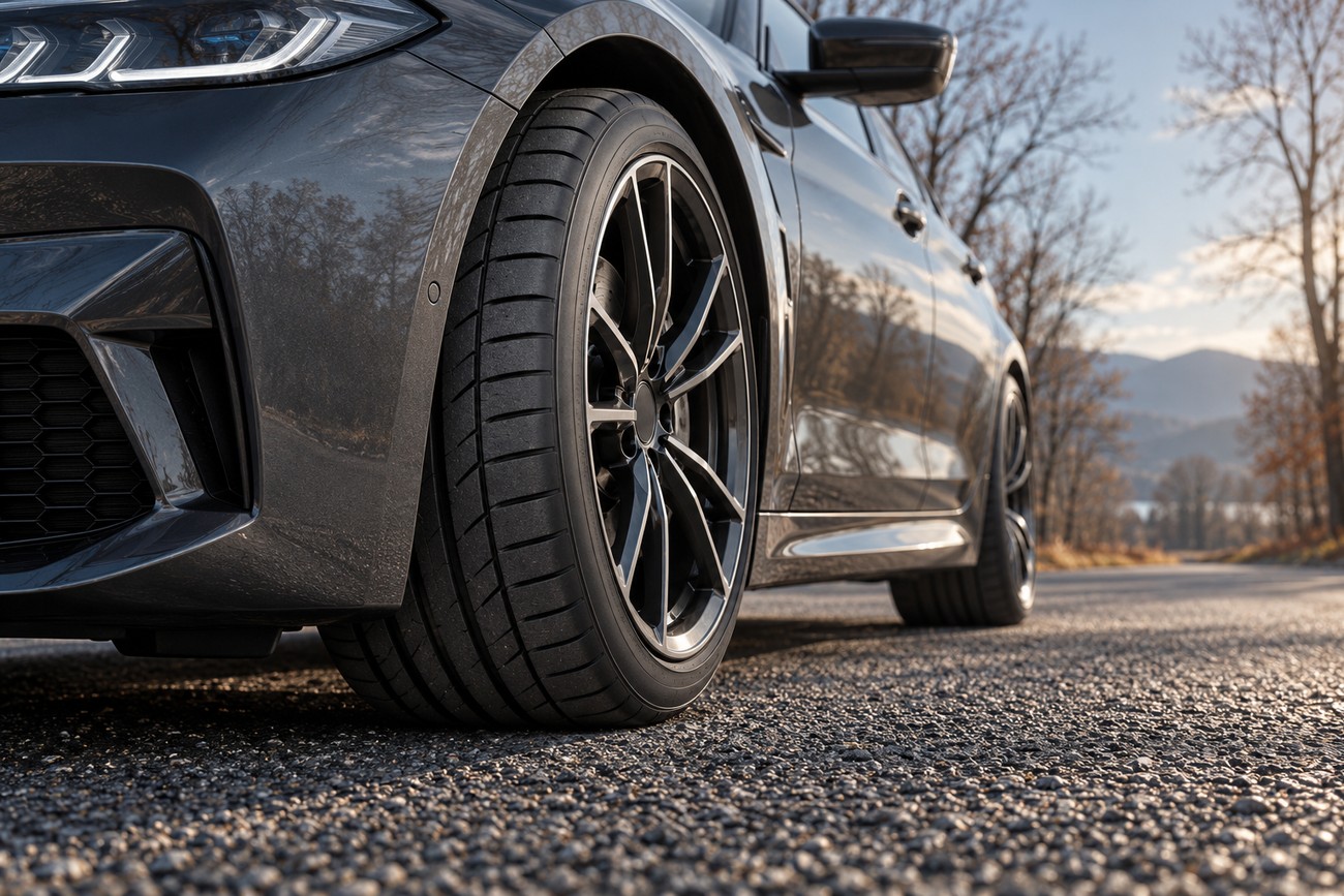 Close-up of a modern sports car front wheel fitted with summer performance tires on a cold autumn roadside